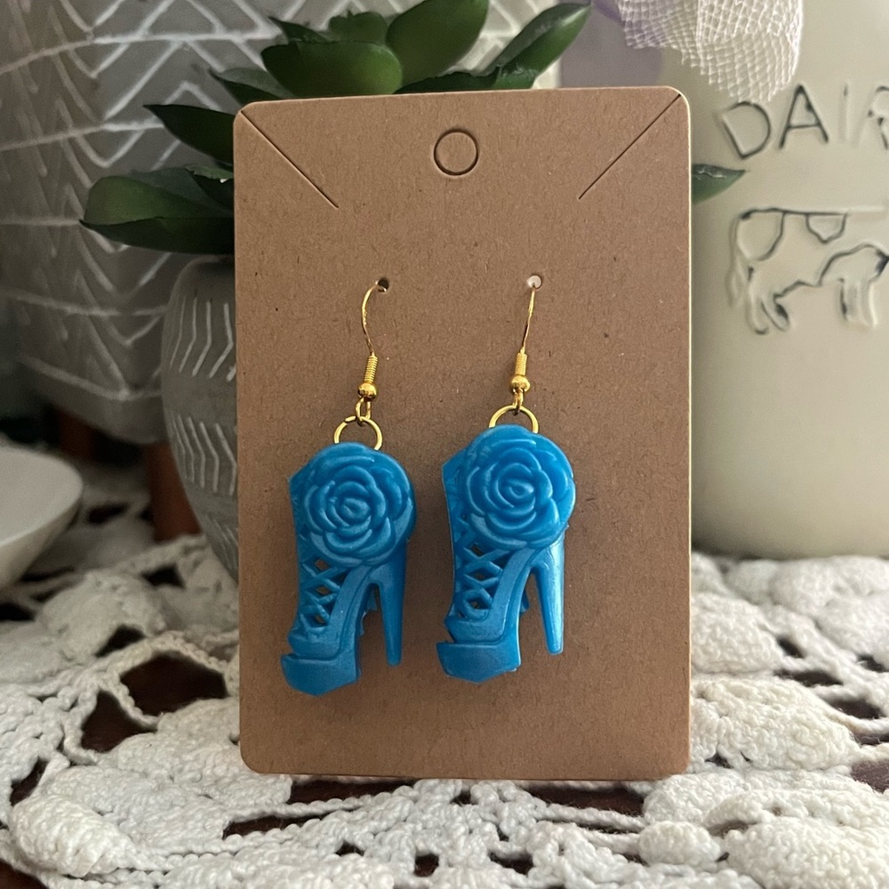 *3 for $20* Blue Flower Decal Heeled Sandal Barbie Shoe Earrings